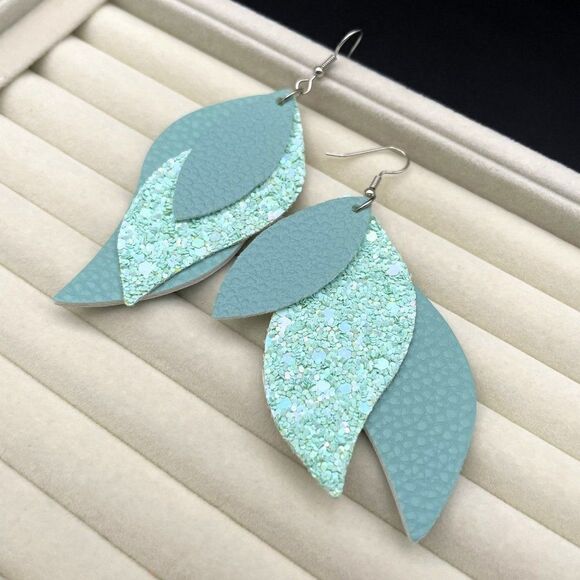 Green Faux Leather with Sequin Layered Leaf 316L Stainless Steel Hook Earrings - Picture 7 of 9